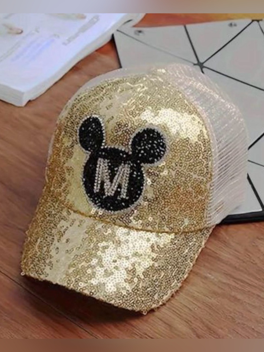 🖤 Disney Kids Mickey Minnie Gold Sequined Adj Baseball Cap w Mesh Ages 3-14